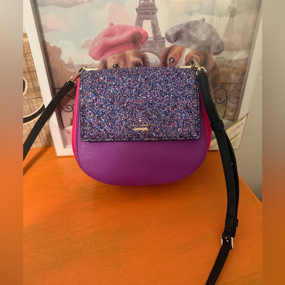kate spade Purple Glitter Flap Crossbody Bag with Black Strap